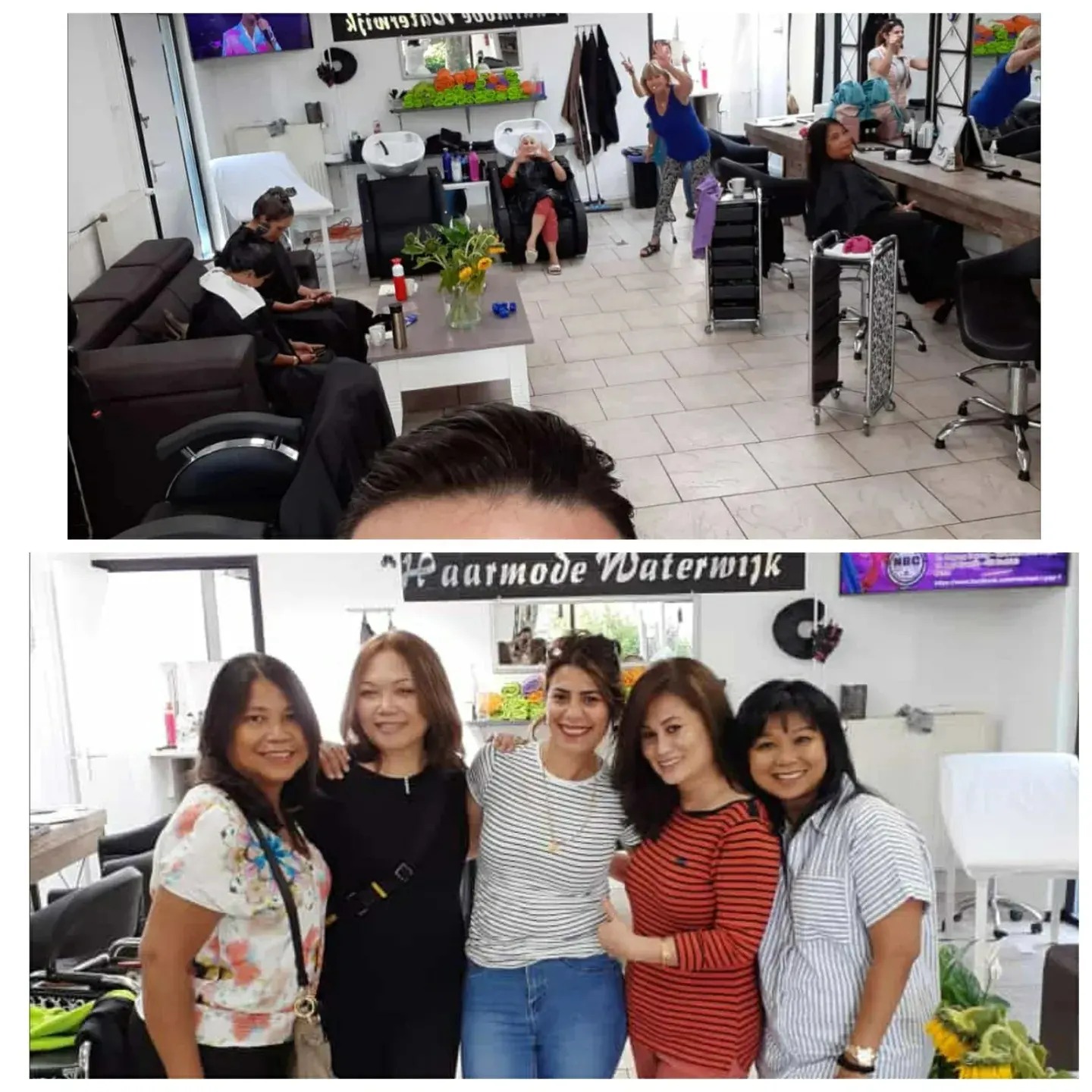 De salon in Almere en een groep klanten voor het bord van Haarmode Waterwijk