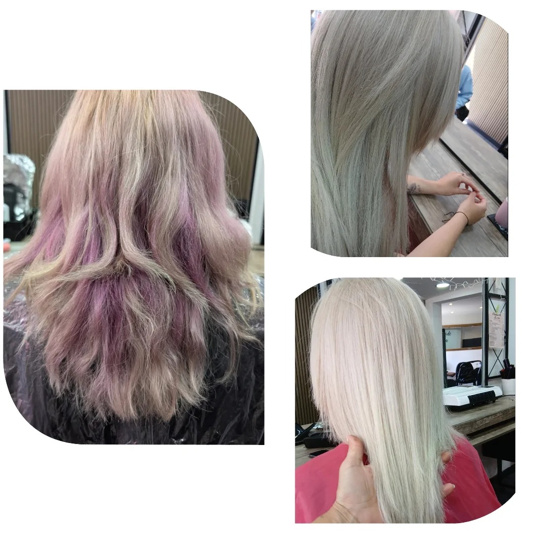 Drie kleuringen: lila highlights, zilver en platinablond
